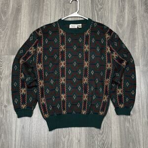 VINTAGE Sears The Mens Store Sweater Mens Medium Green Multi Geometric Aztec 90s